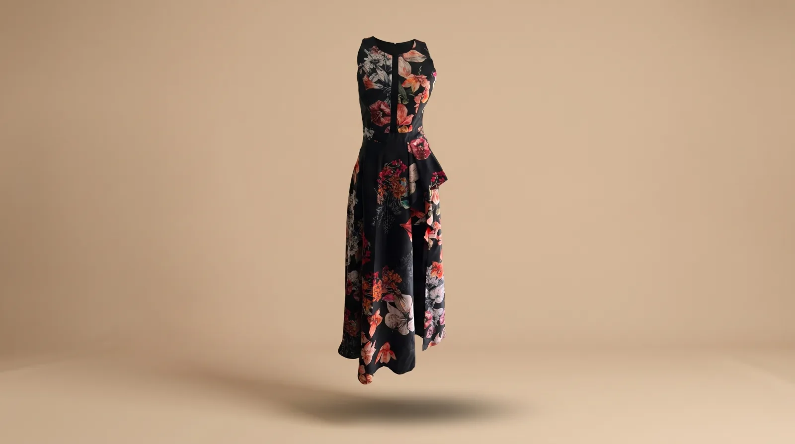 Vestido Brillo Eterno - vestido midi asimétrico negro con estampado floral en rojo y rosa en renta en CDMX | Renta El Look