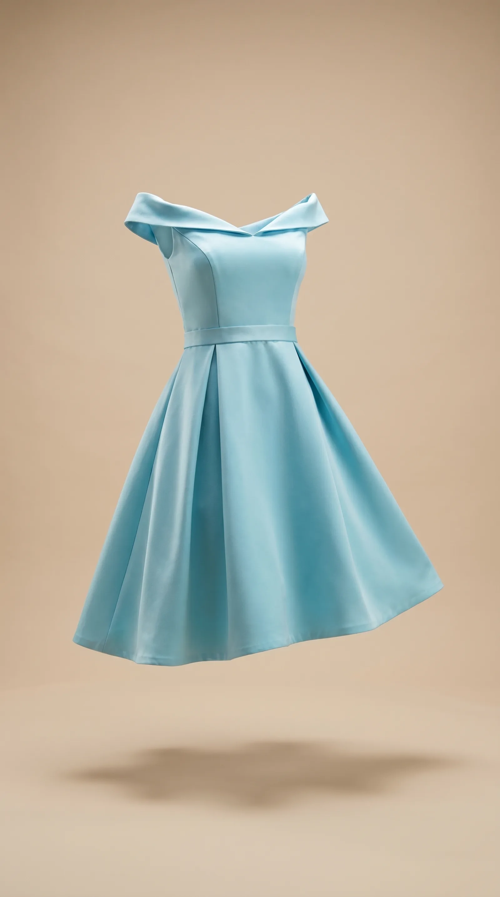 Detalle del vestido Calma Imponente: escote barco off-shoulder con solapa y crepé de cuerpo medio
