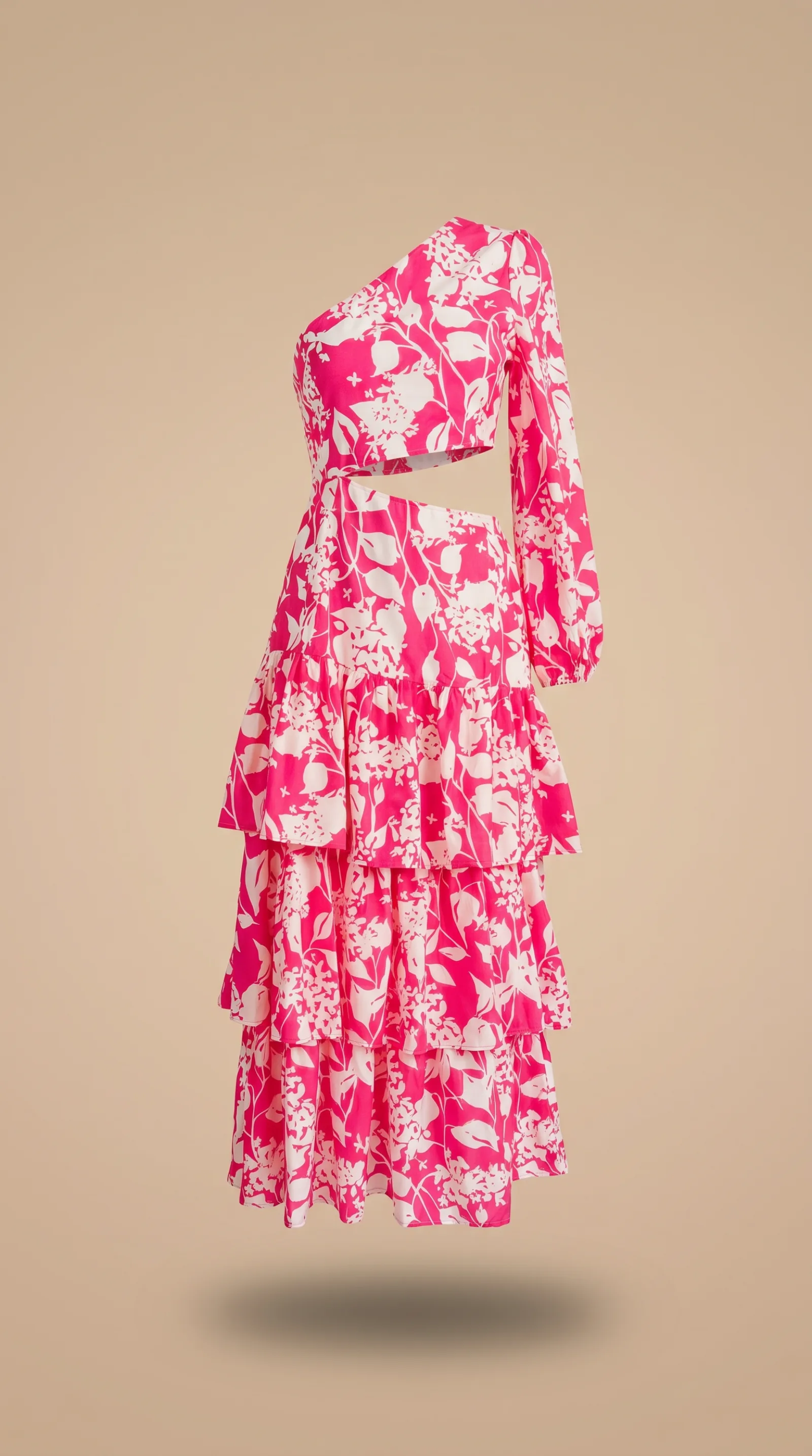 Detalle del vestido Encanto Eterno: un solo hombro con manga larga y popelina estampada ligera