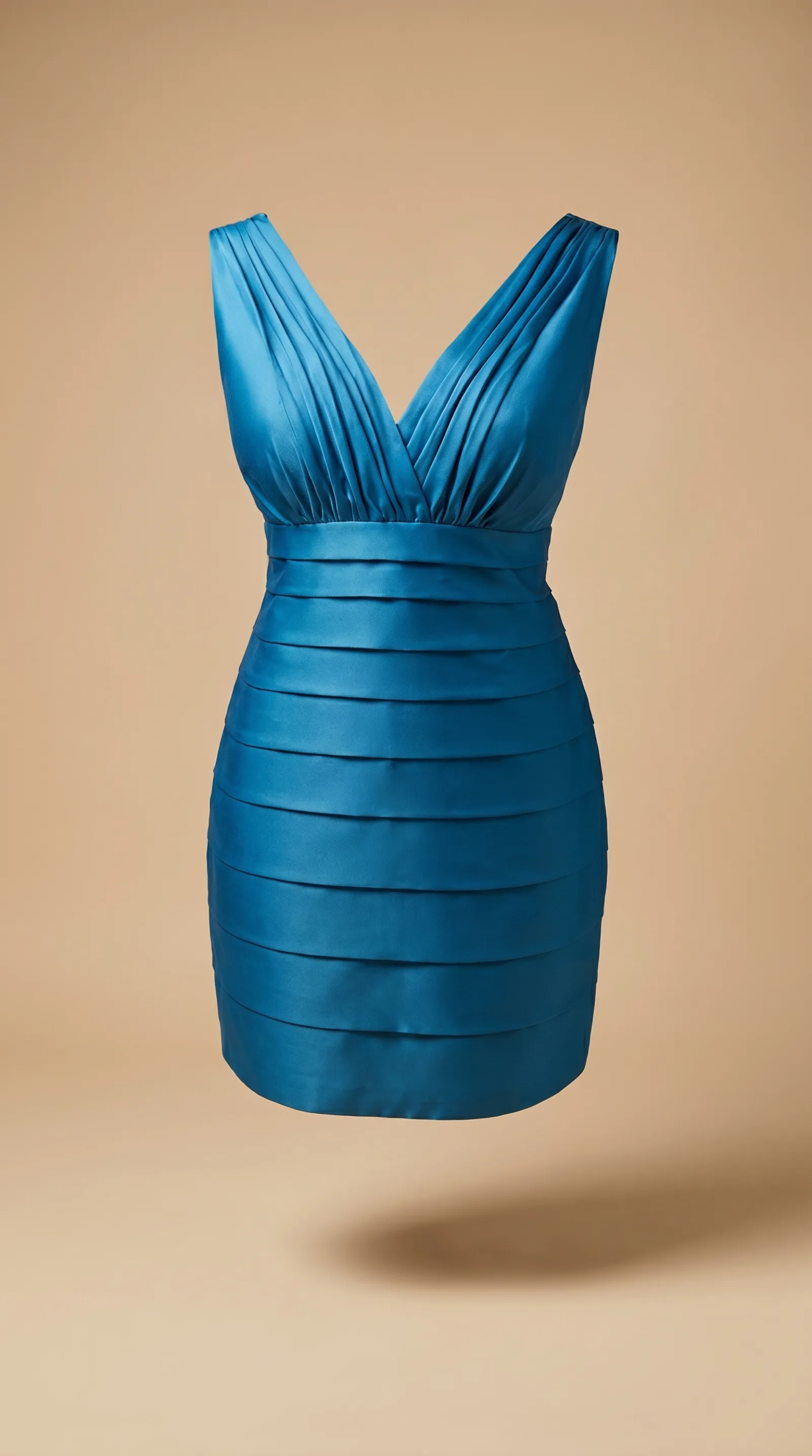 Detalle del vestido Estrella Naciente: escote en V cruzado y tejido bandage elástico con bandas horizontales