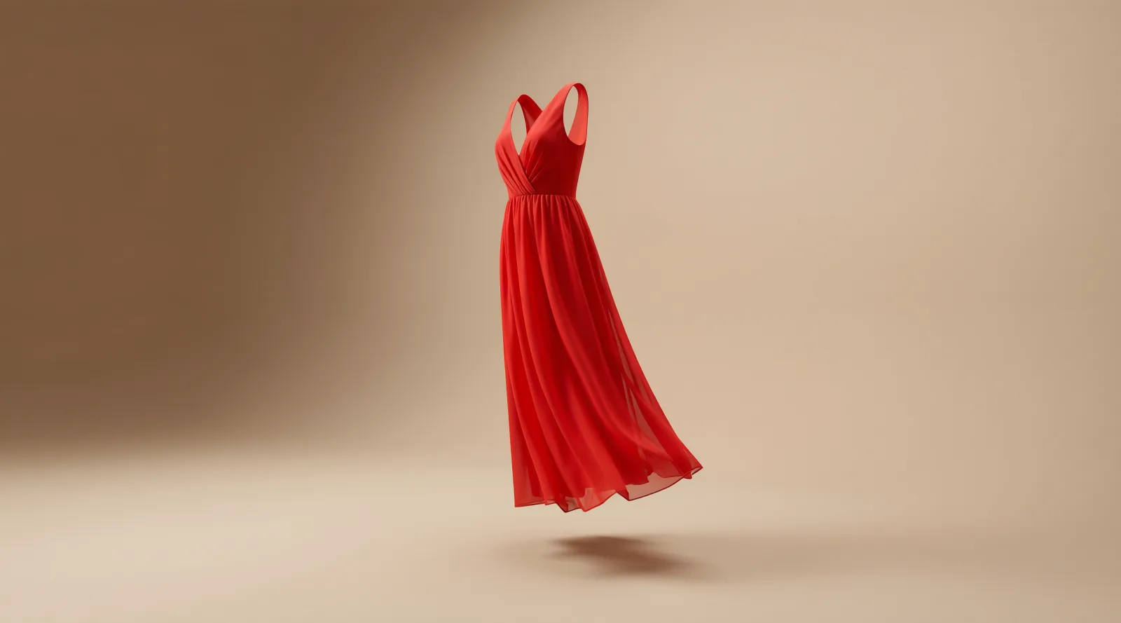 Detalle del vestido Gala Nocturna: escote en V cruzado y gasa plisada de caída fluida