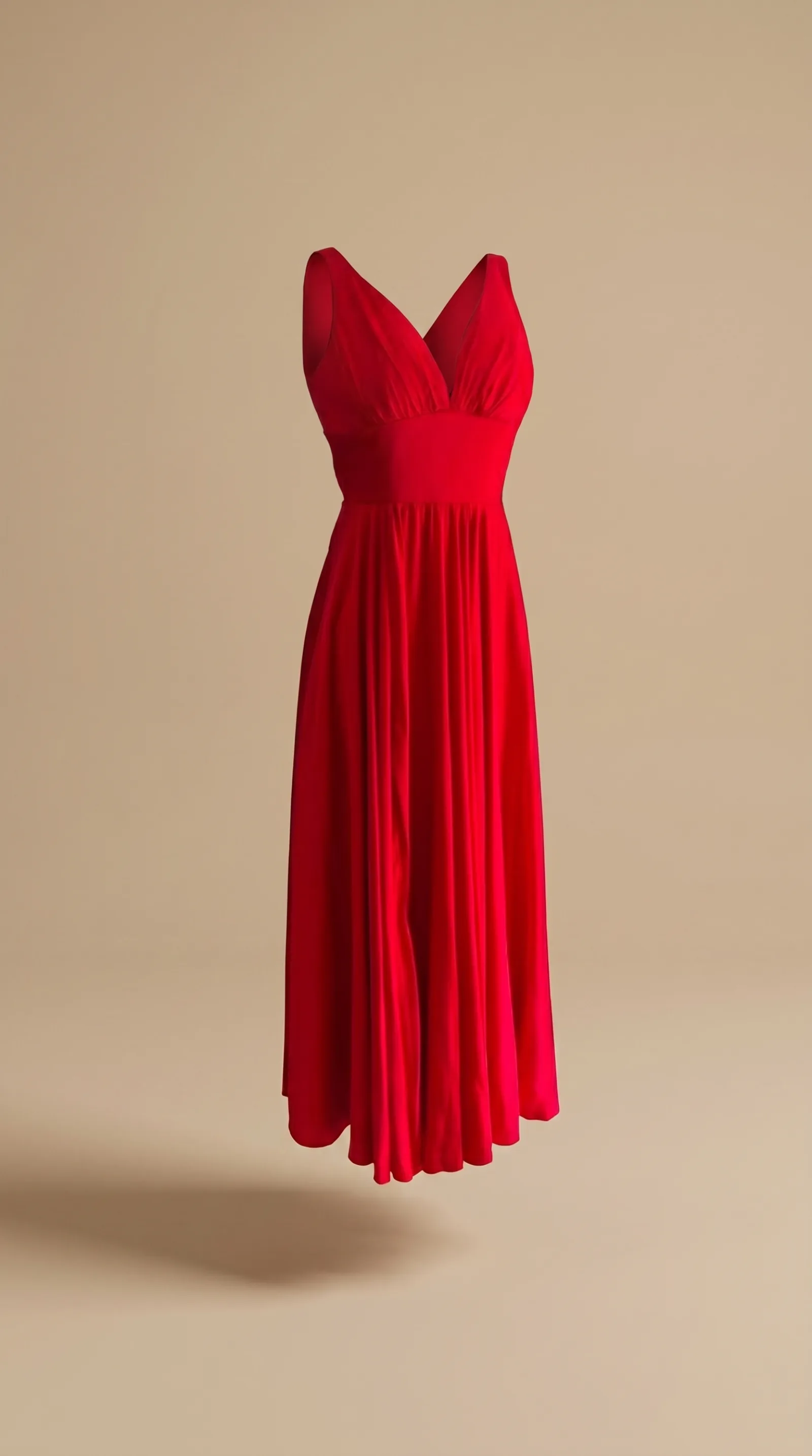 Detalle del vestido Magia Nocturna: escote en V profundo y crepé plisado