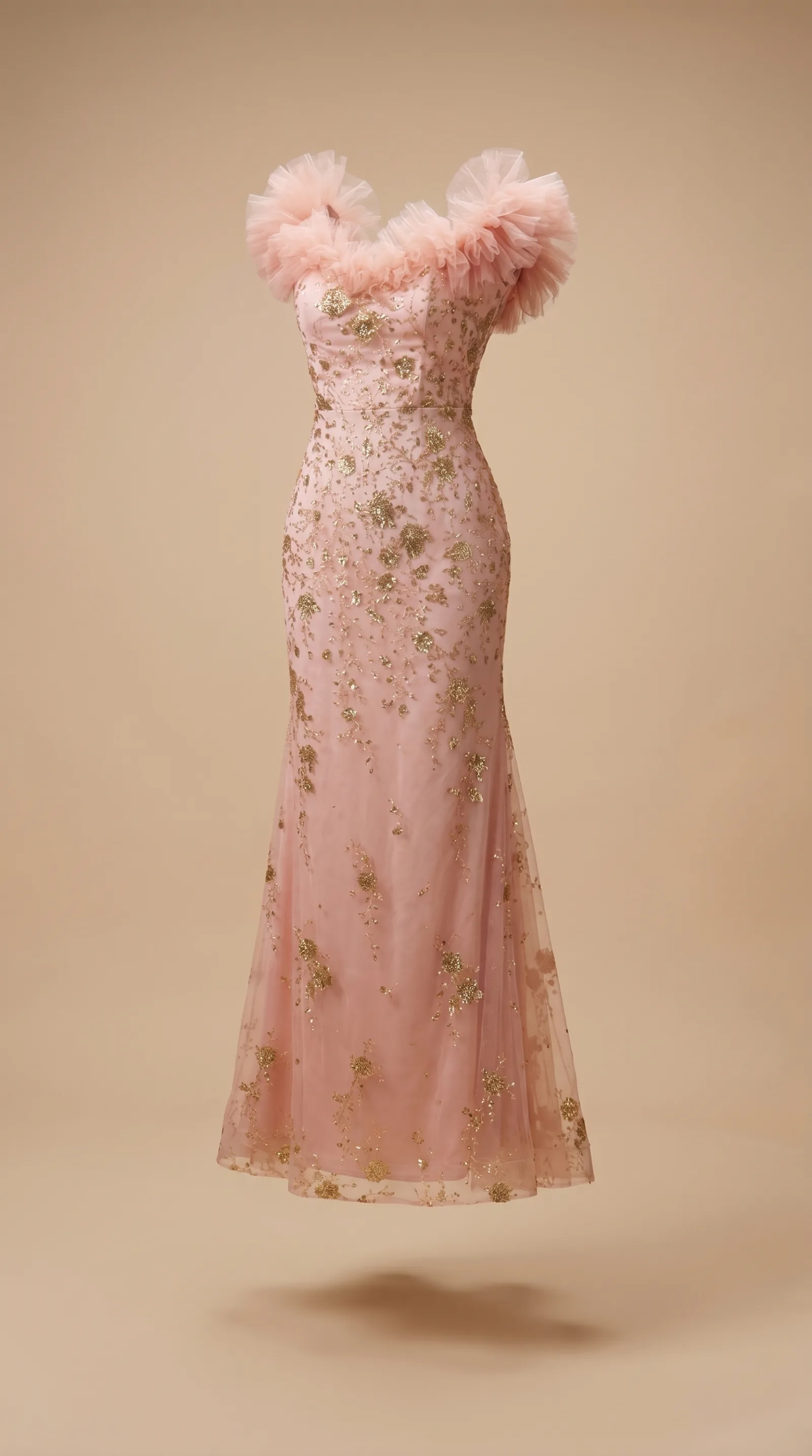 Detalle del vestido Noche Dorada: strapless con hombros de plumas y tul bordado con pedrería y aplicaciones de plumas
