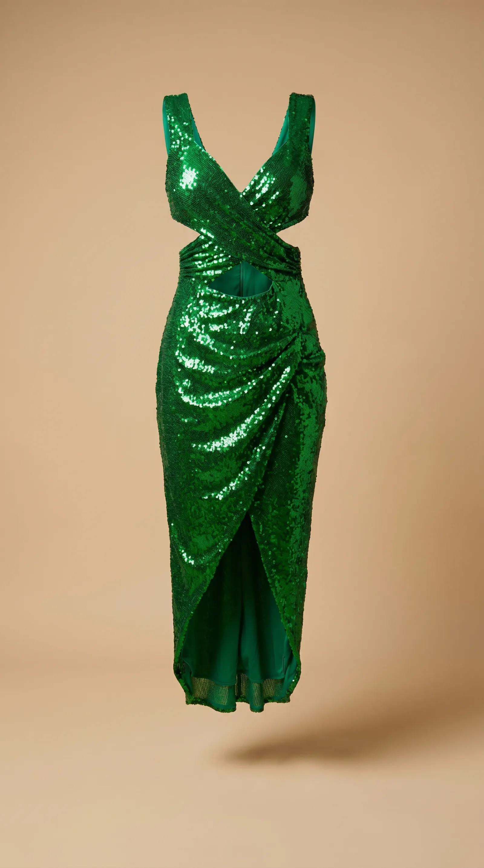 Detalle del vestido Poder Femenino: escote en V profundo y tejido de lentejuela verde con brillo intenso
